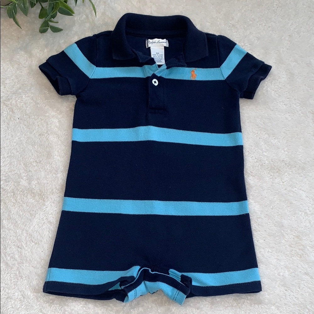 Ralph Lauren Baby Romper Navy and Light Blue Stripe 6M EUC